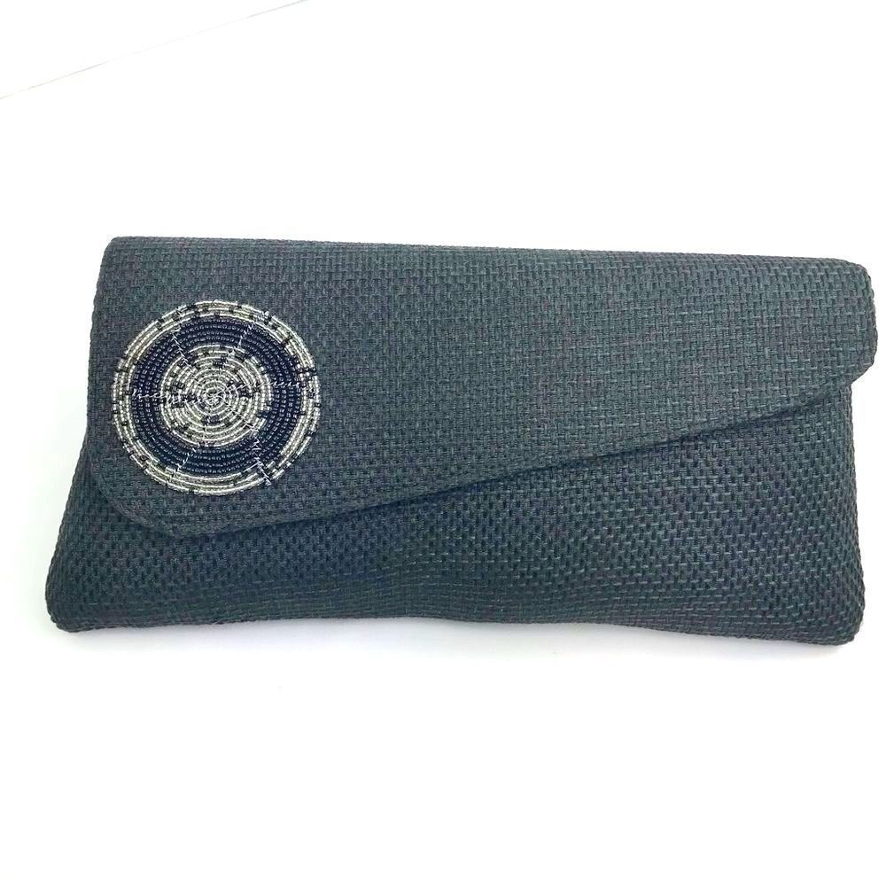 Boutique Black Burlap and Bead Medallion Summer Envelope Clutch Bag